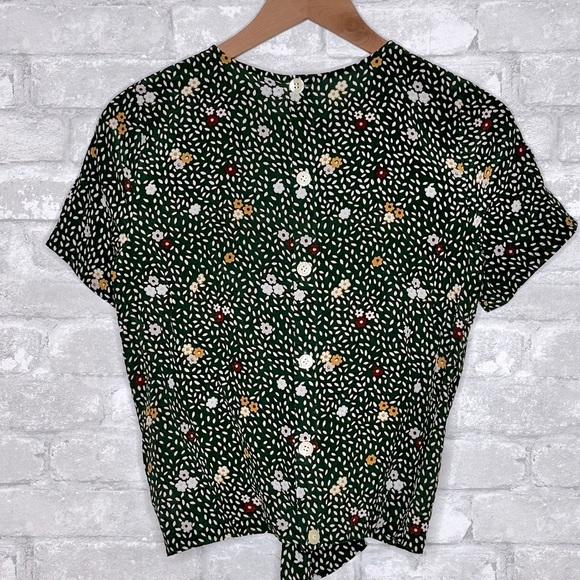 Madewell Silk Button Back Front tie Shirt Size Small Olive Green Ditsy Floral - Picture 8 of 11